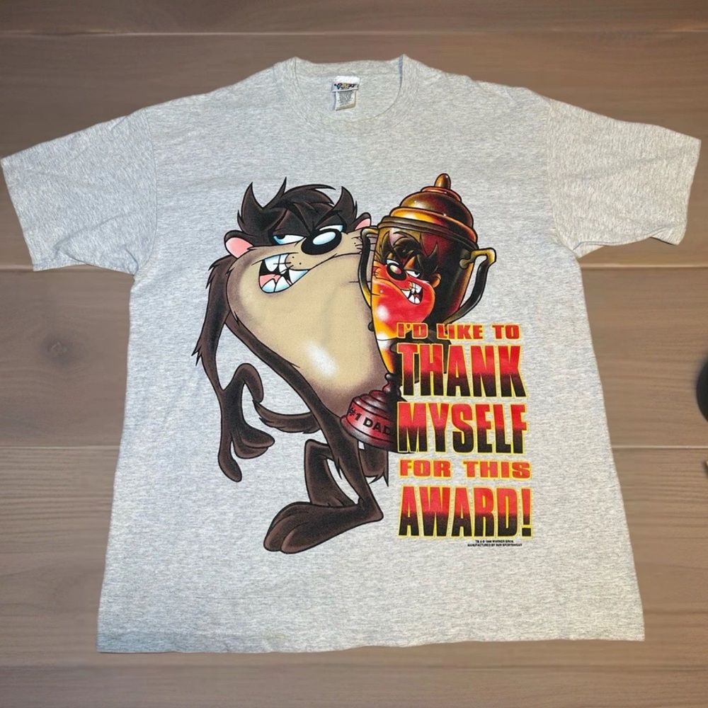 Vtg 90s Taz Looney Tunes T-Shirt XL Award Winner Gray Single Stitch Vintage